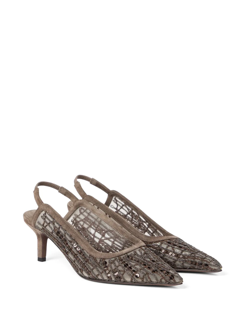 Brunello Cucinelli - Brown Monili Embellished Lace Slingback