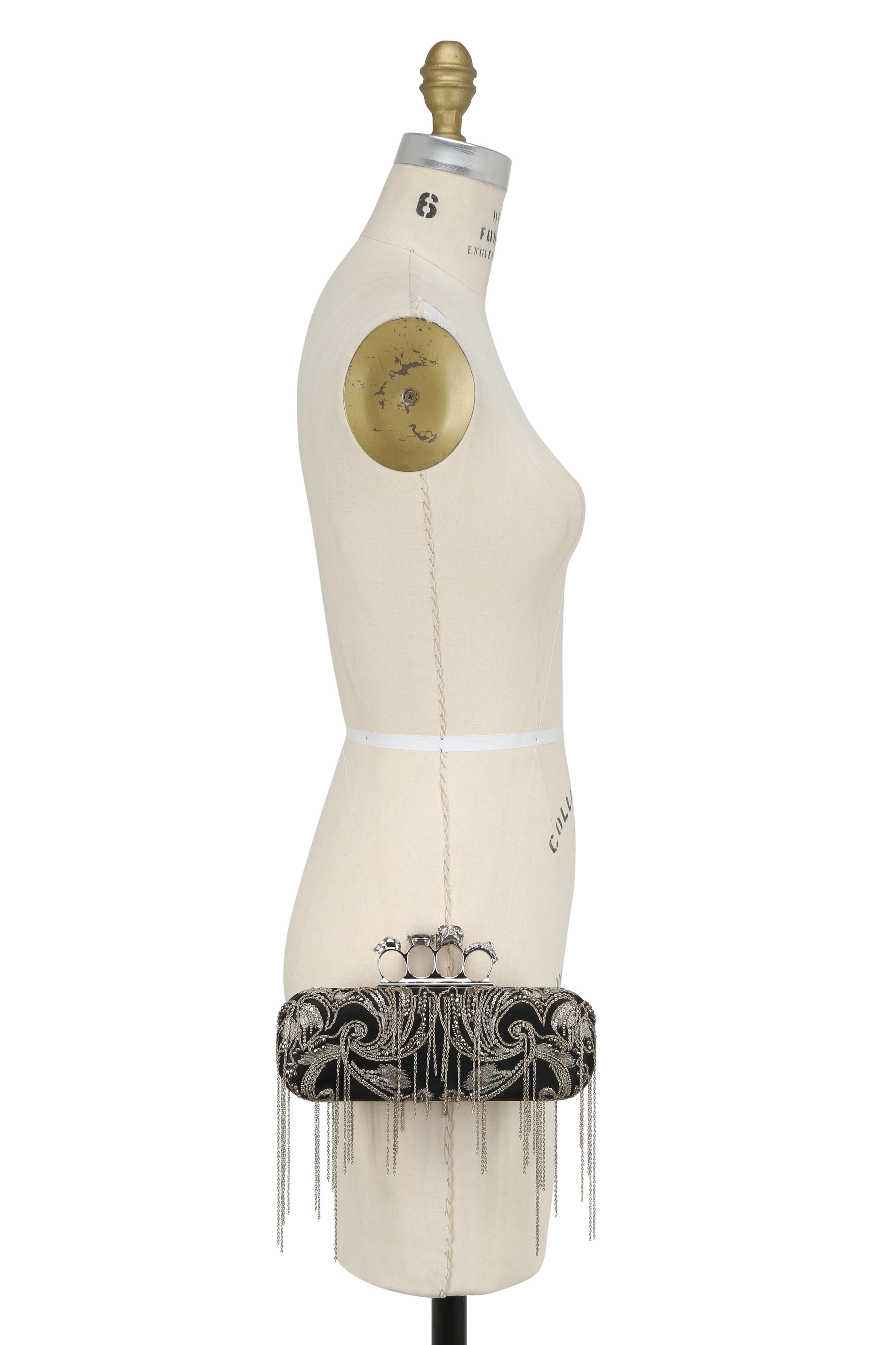 McQueen - Black Satin Chain Embroidered Knuckle Box Clutch