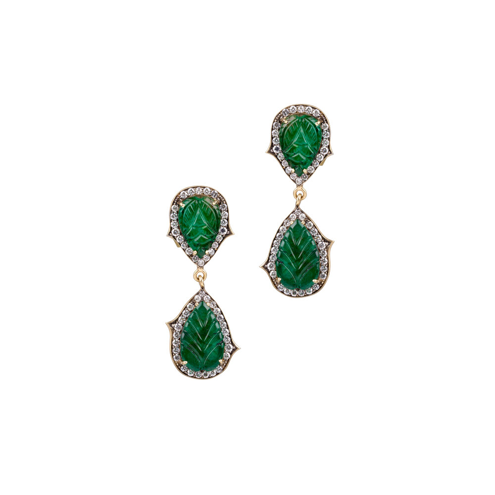 Sylva & Cie - 18K Yellow Gold Emerald & Diamond Leaf Earrings