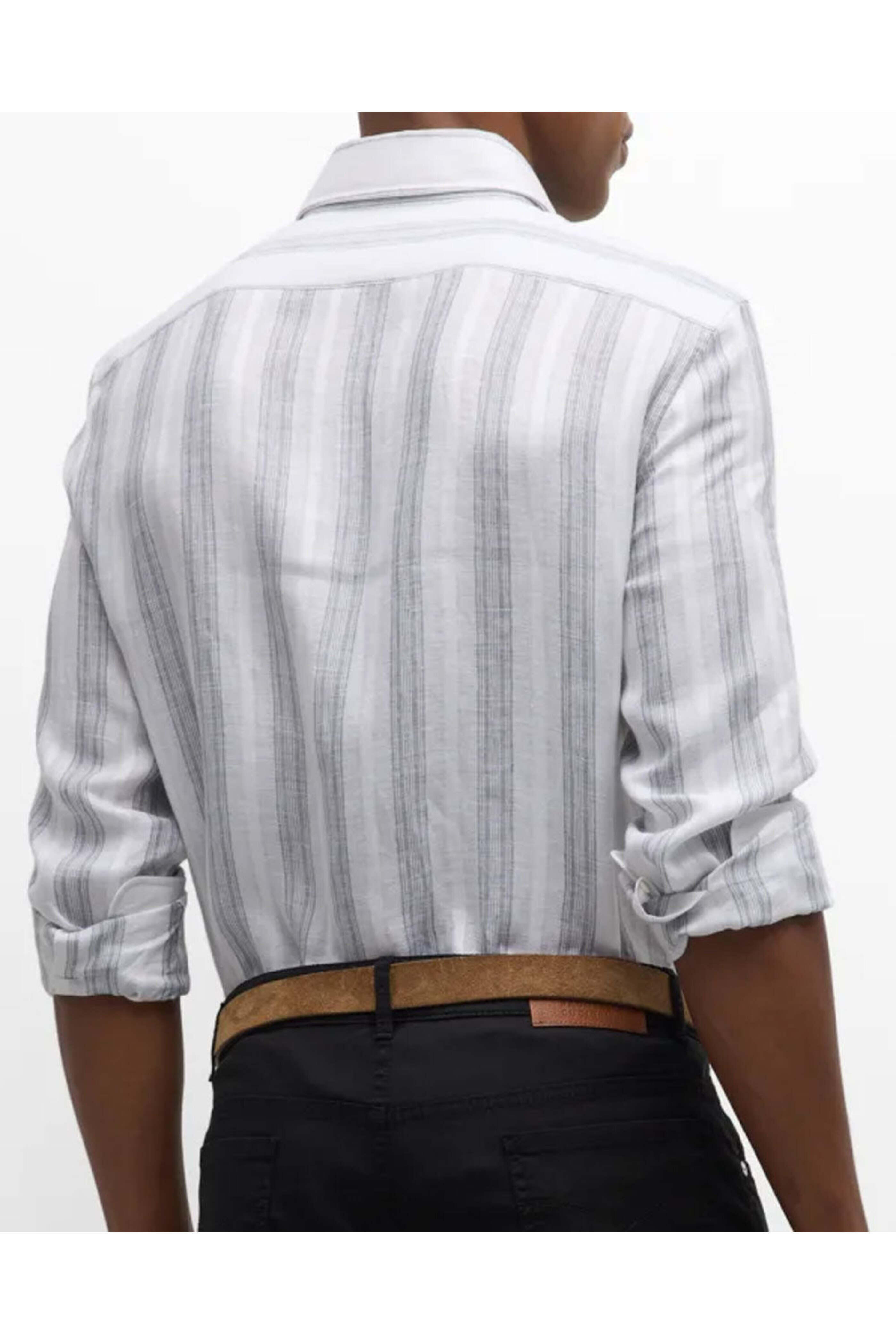 BRUNELLO CUCINELLI　グレーｘホワイト　ストライプ　フリルシャツ BRUNELLO CUCINELLI グレーxホワイト ストライプ フリルシャツ
