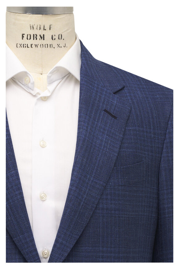 Zegna Blue Tonal Plaid Wool, Silk & Linen Sportcoat