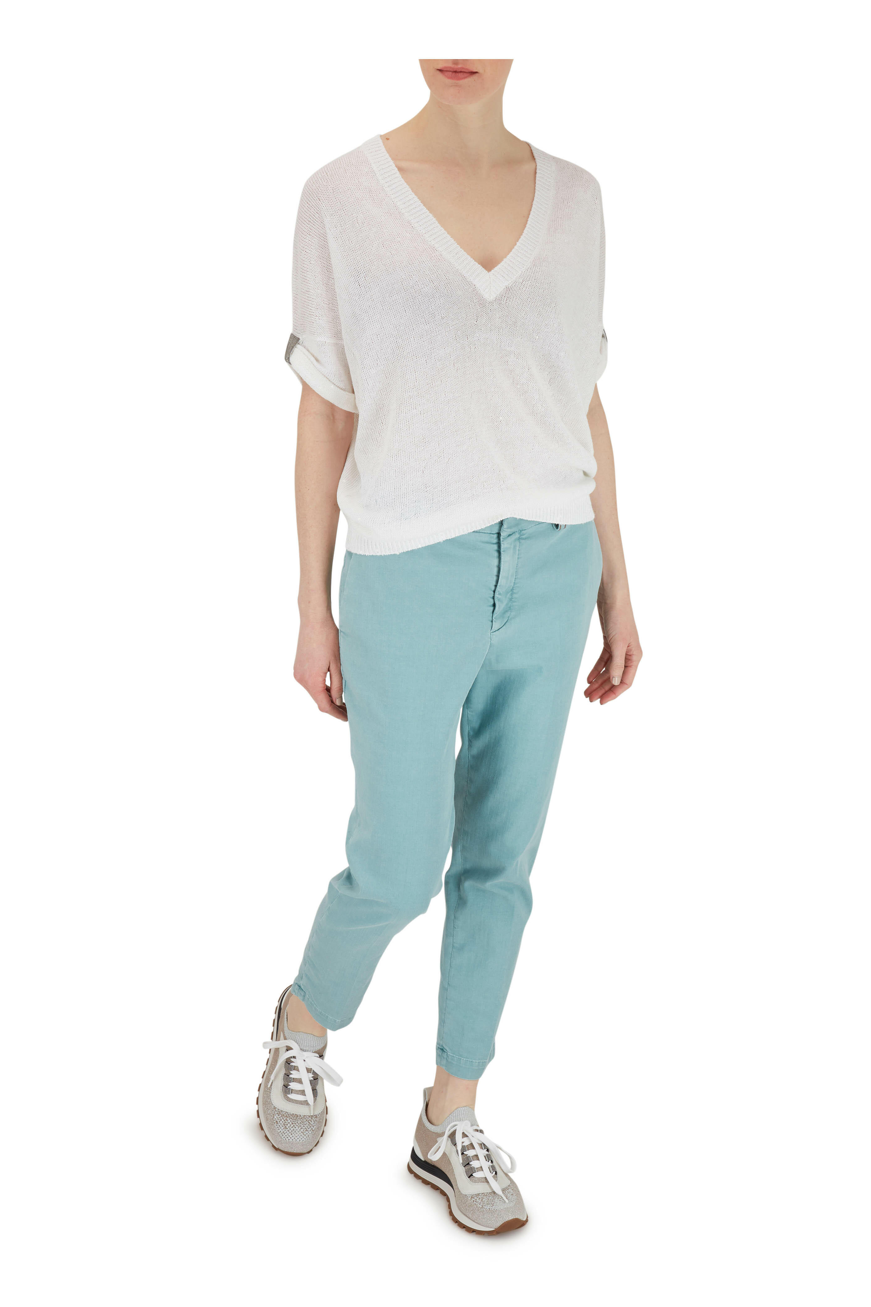 Brunello Cucinelli - White Linen & Silk Paillette Short Sleeve Sweater