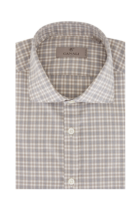 Canali - Light Tan, Gray & Cream Plaid Twill Sport Shirt