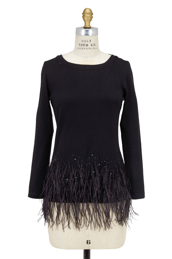 Carolina Herrera - Black Wool & Ostrich Feather Long Sleeve Sweater