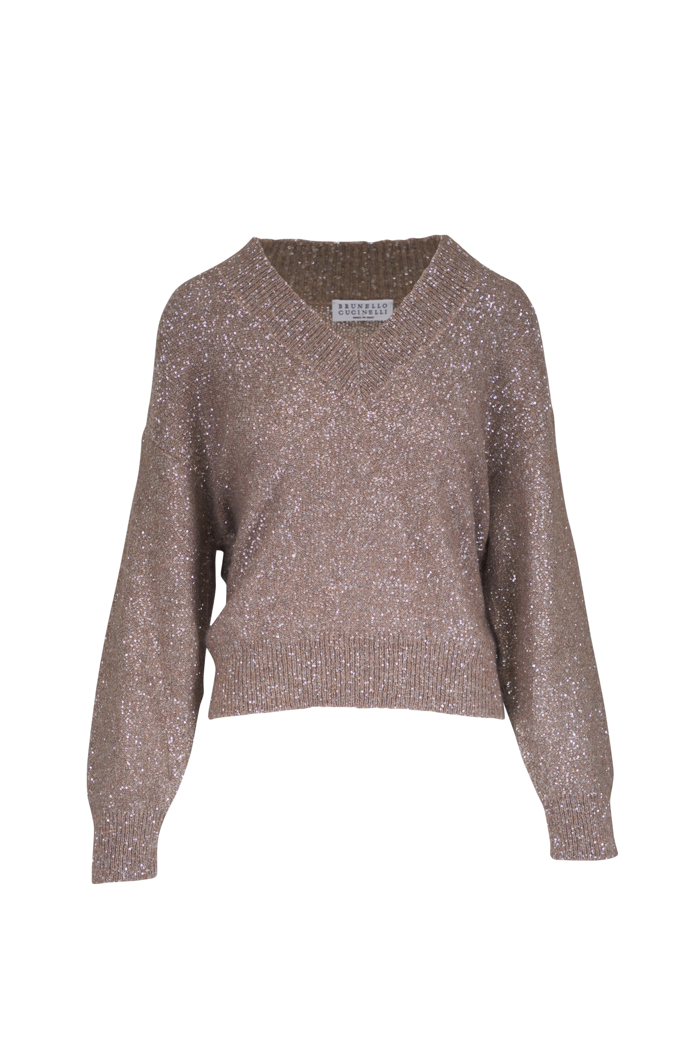 Brunello Cucinelli - Beige Paillette Embellished V-Neck Sweater