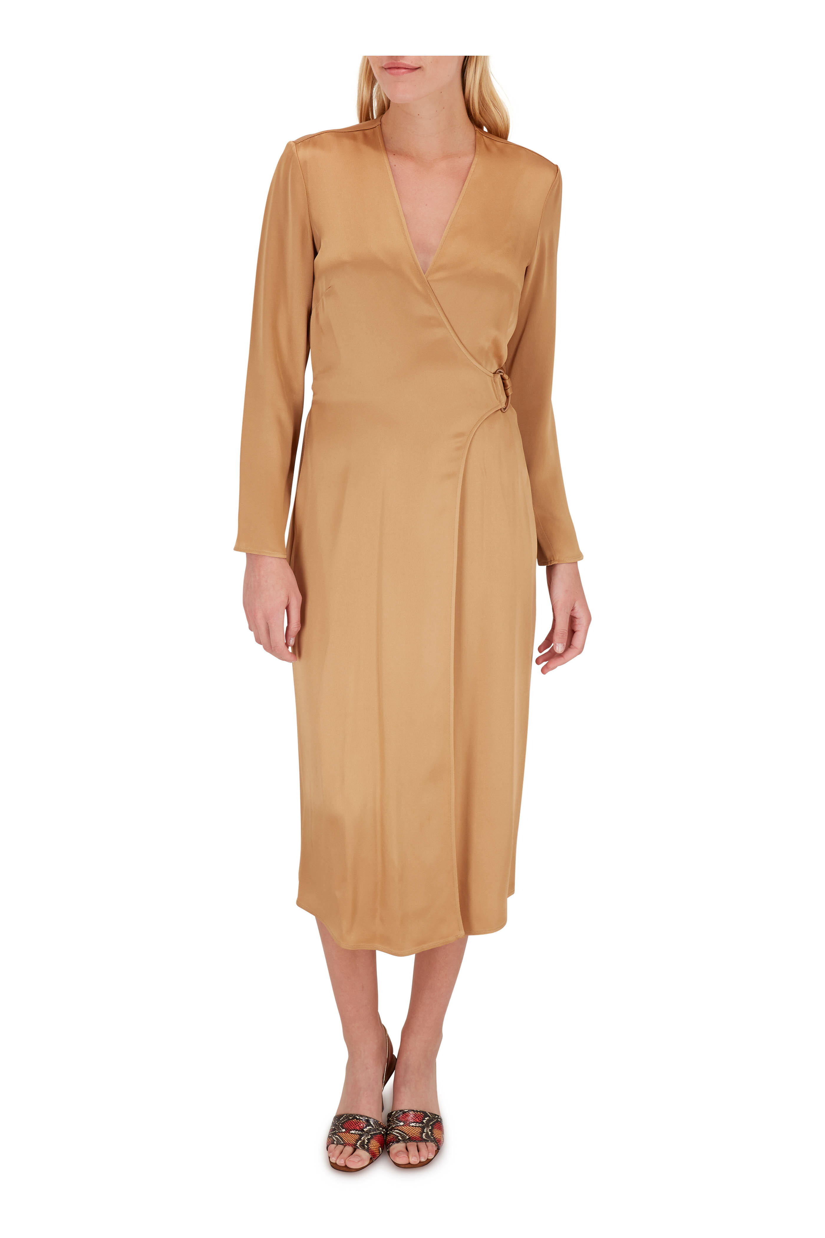 LaPointe - Camel Satin D-Ring Long Sleeve Wrap Dress