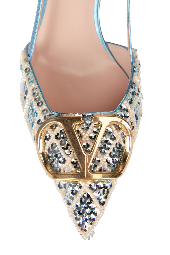 Valentino Garavani VLogo Celeste Blue Embellished Slingback, 80mm - view 4
