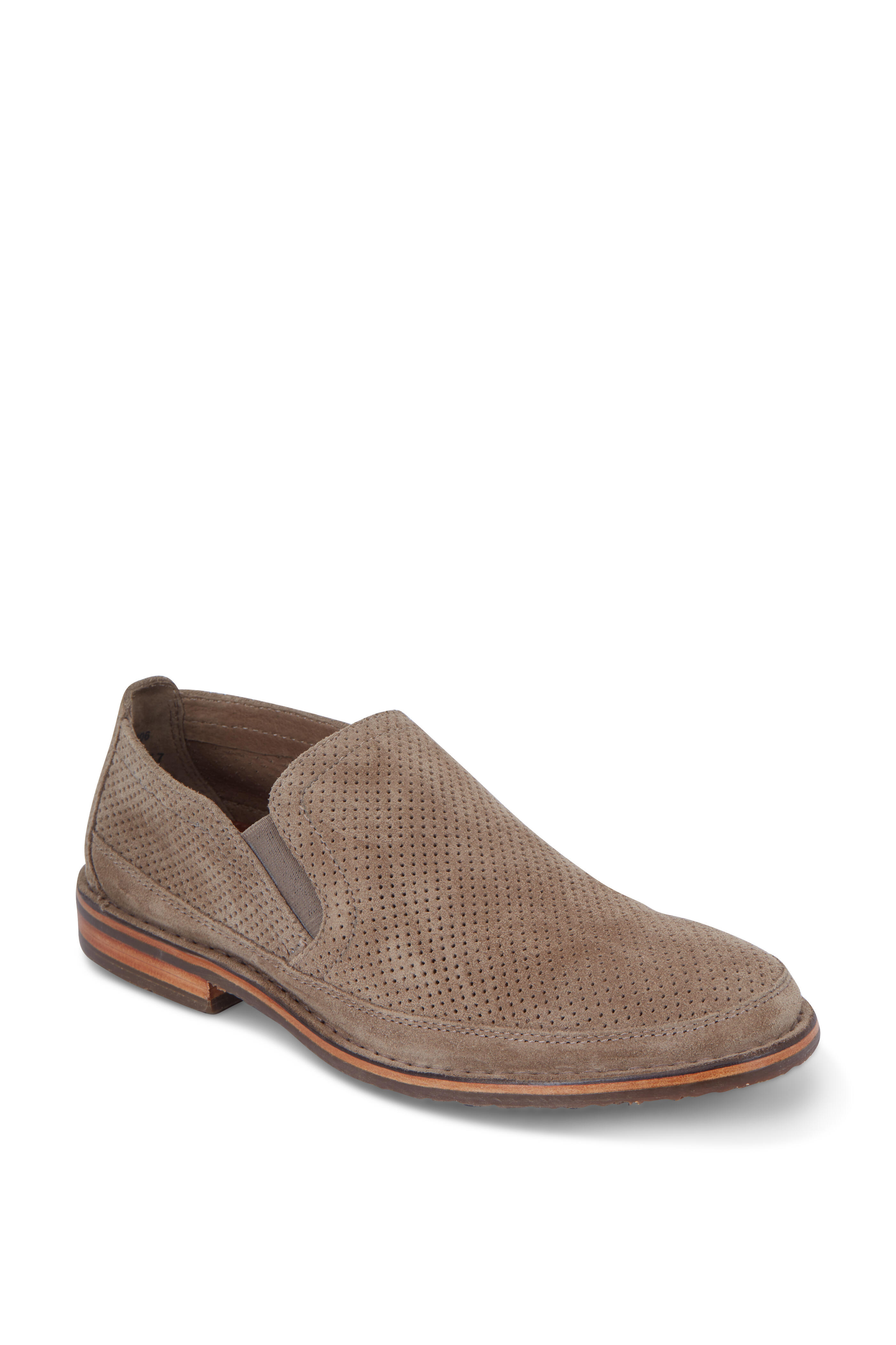 Trask Bradley Taupe Perforated Suede Loafer Mitchell Stores