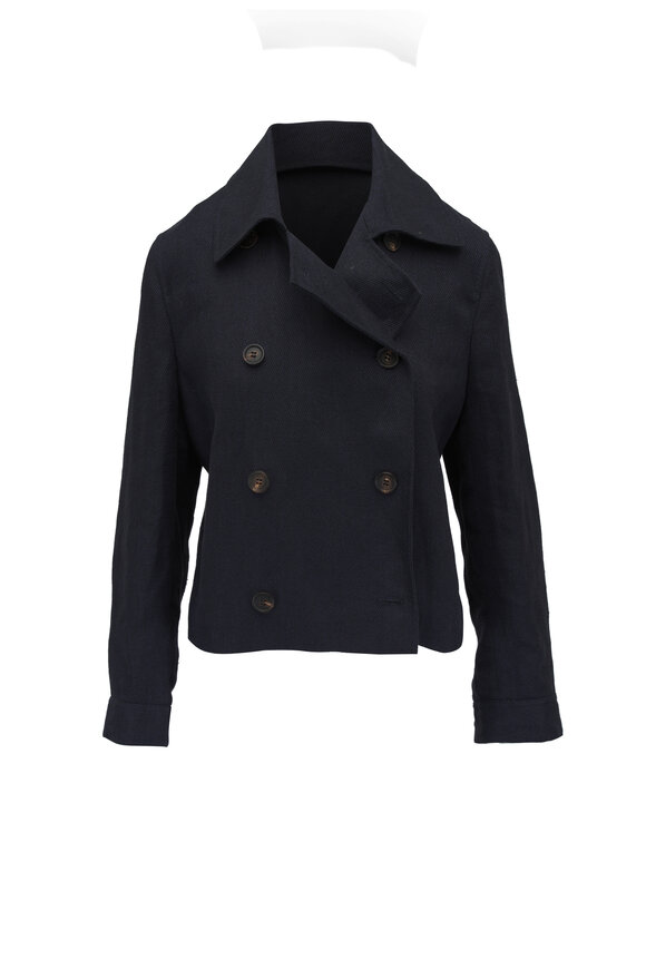 Brunello Cucinelli Navy Linen Short Pea Coat