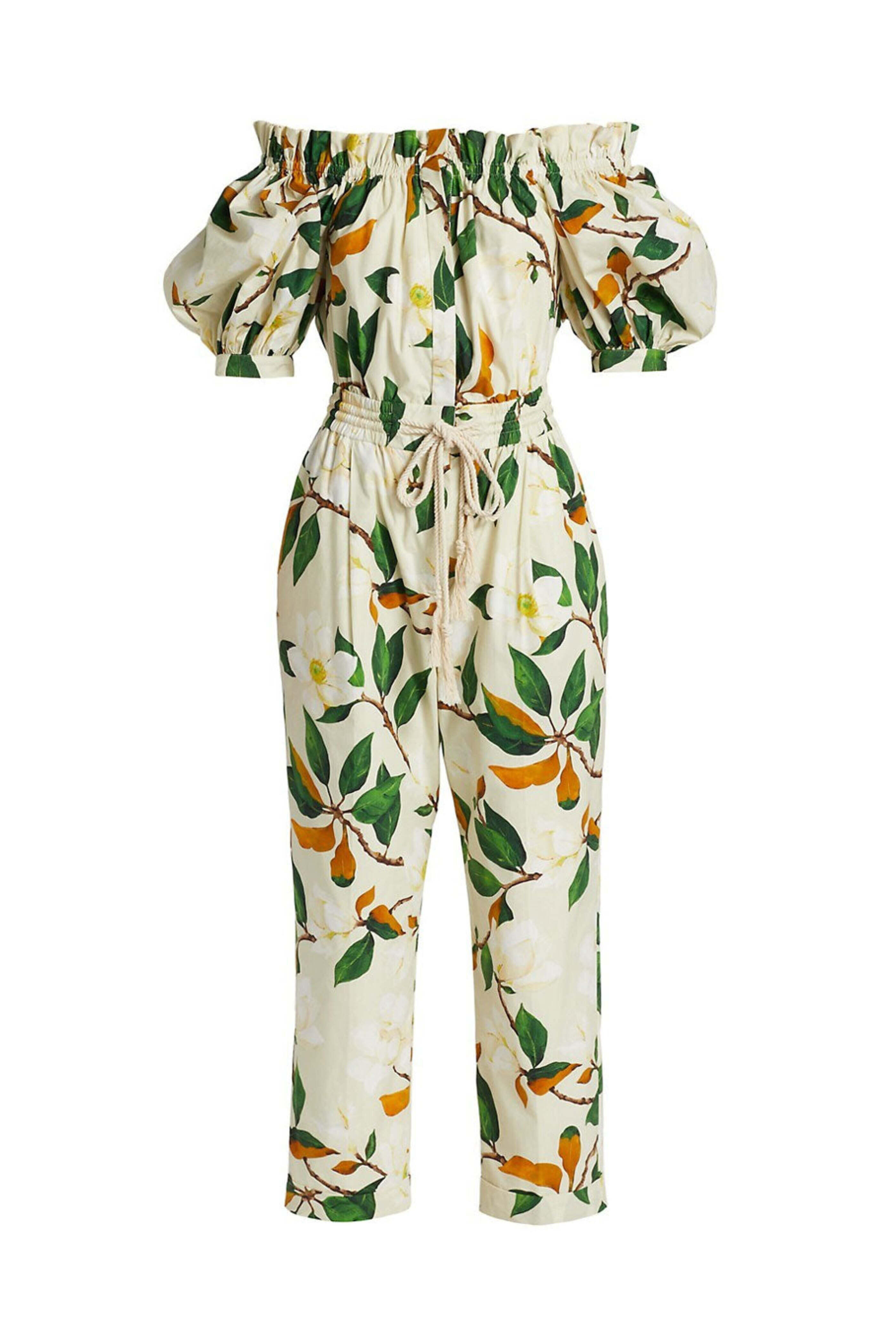 Oscar de la Renta - Sand Floral Magnolia Off The Shoulder Jumpsuit