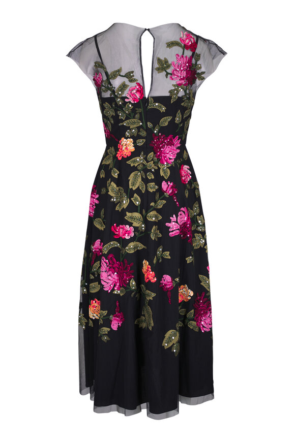 Carolina Herrera Black Multi Floral Embroidered Tulle Midi Dress - view 5