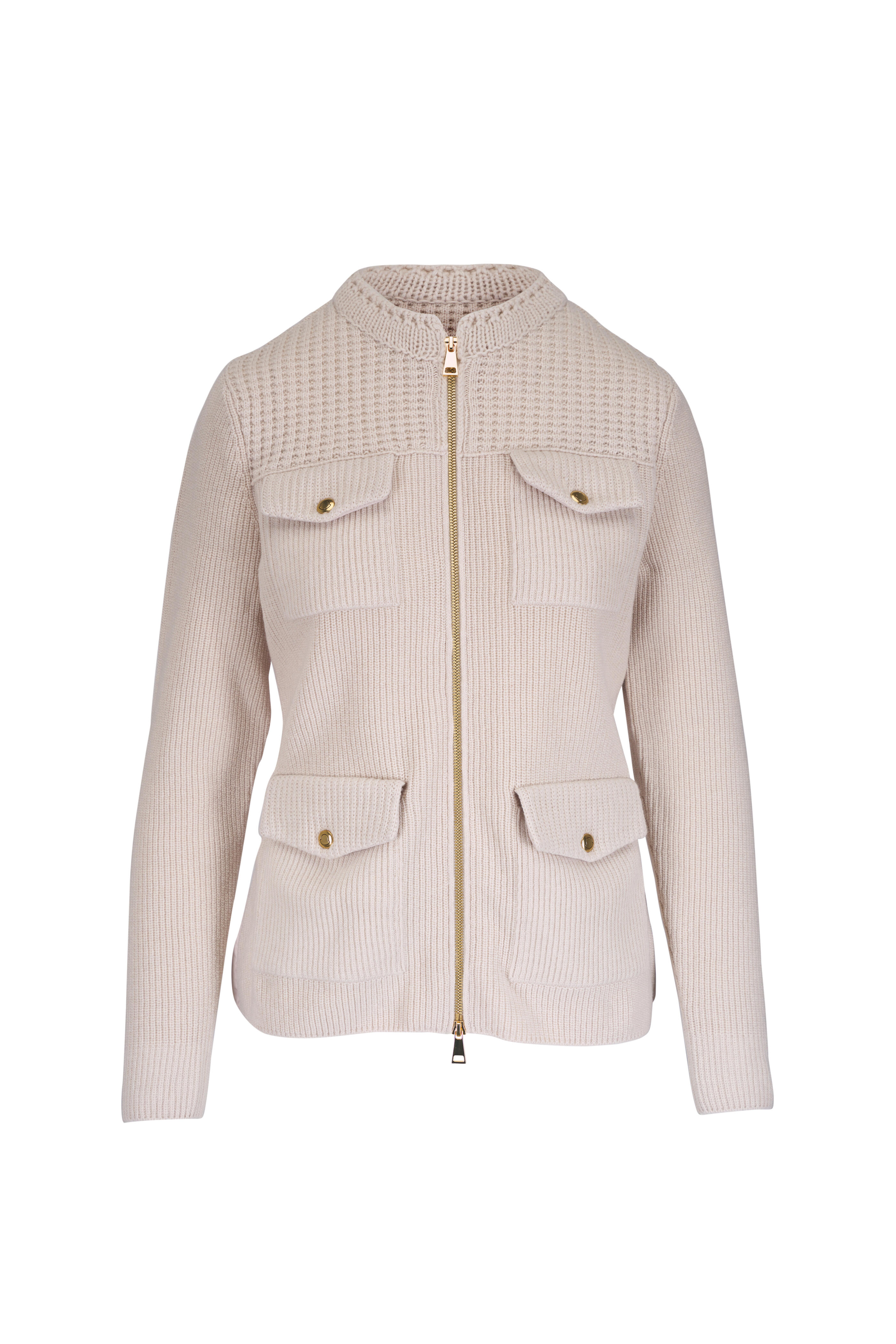 MONCLER ベージュ ジップアップカーディガン Moncler - Beige Padded Wool Zip Up Cardigan | Mitchell Stores