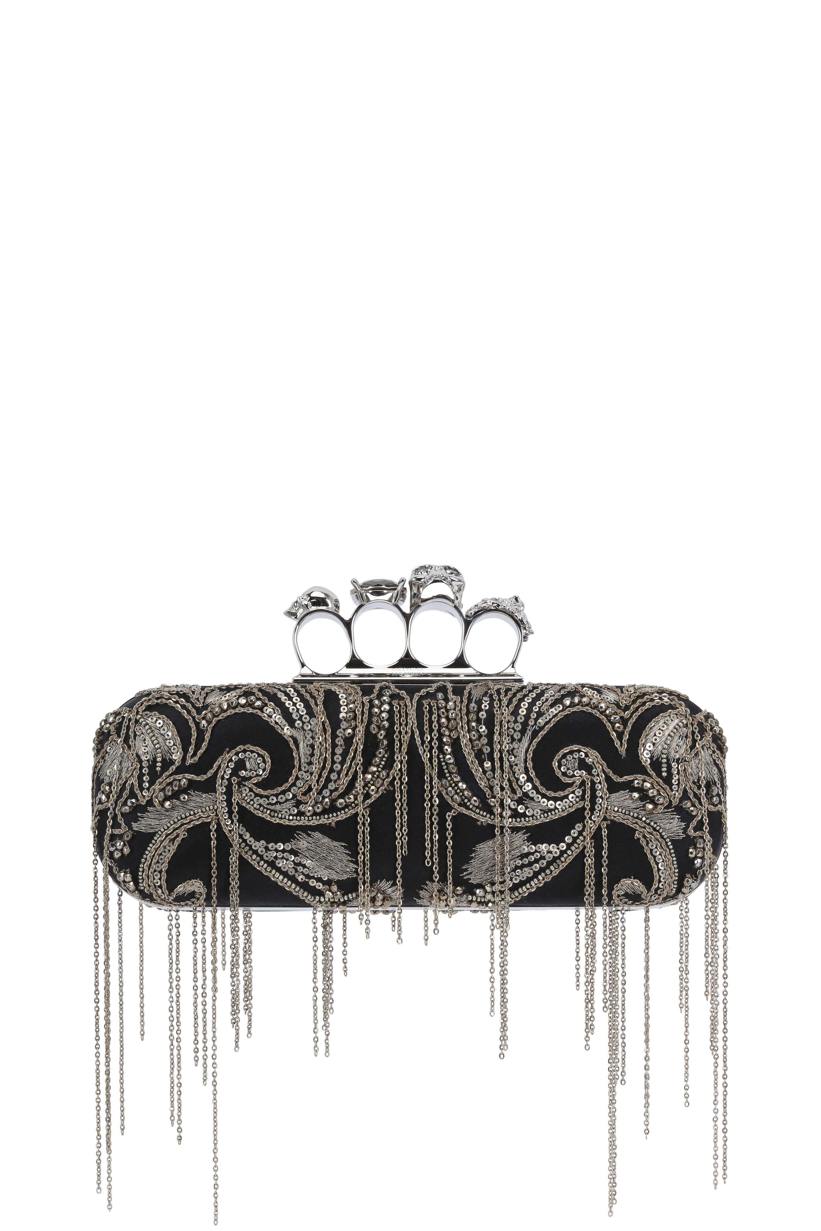 McQueen - Black Satin Chain Embroidered Knuckle Box Clutch