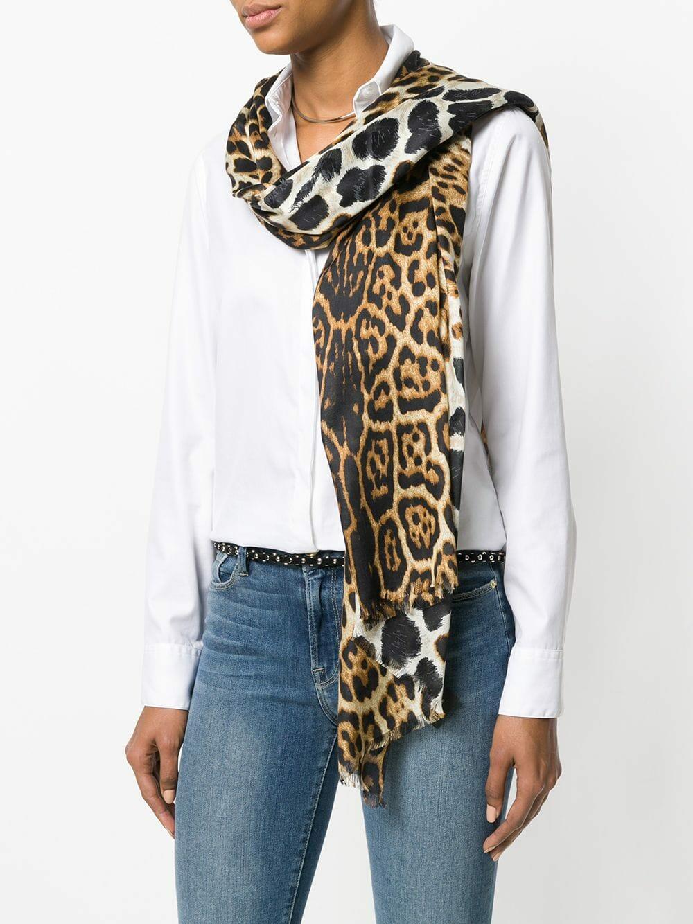 Saint Laurent animal-print fringed wool scarf - Brown