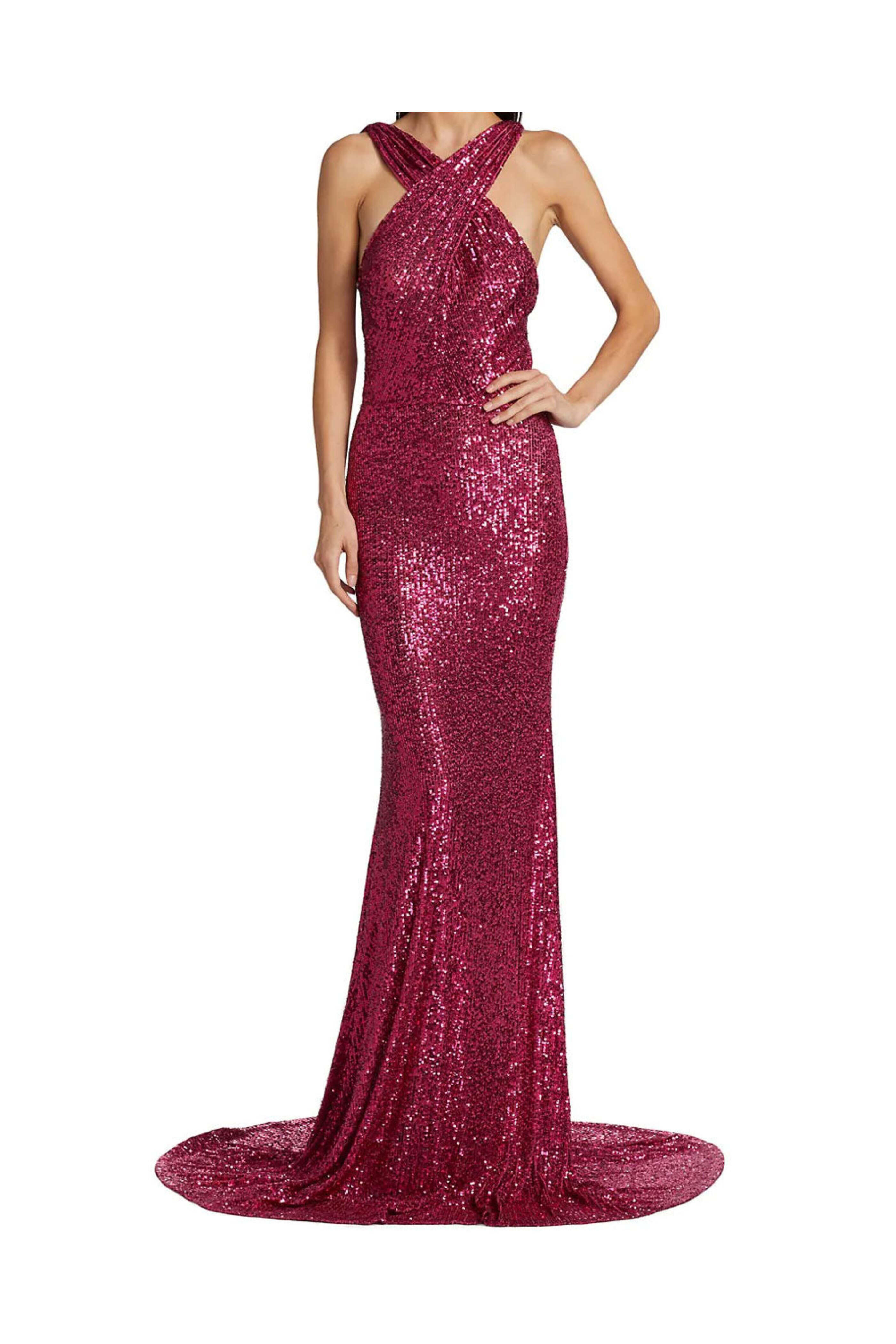 Naeem Khan - Magenta Sequin Criss Cross Gown