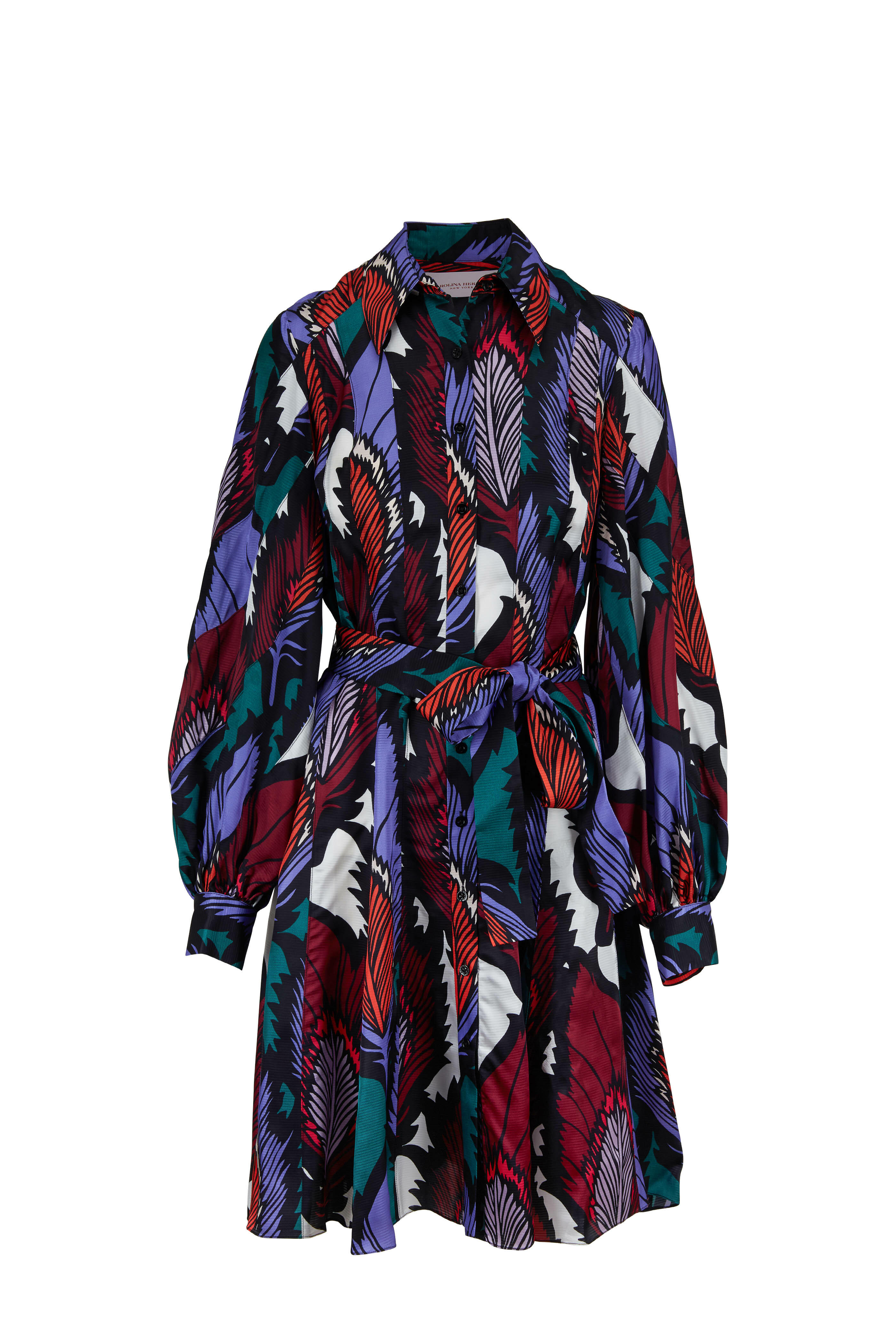 Carolina Herrera - Multicolor Feather Print Belted Shirtdress