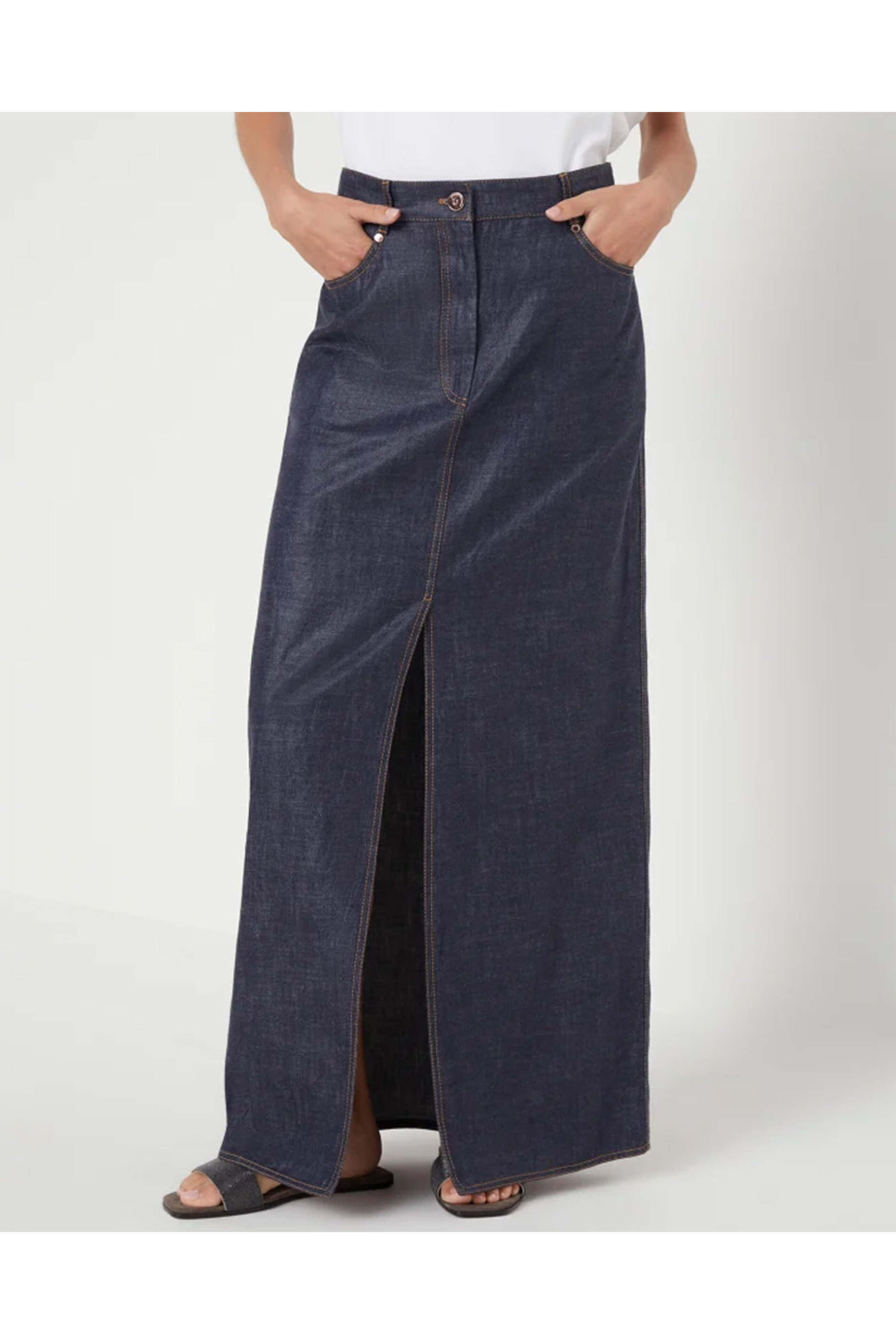 スカート Brunello Cucinelli Longuette Cotton Denim Skirt With Front Brunello Cucinelli Longuette Cotton Denim Skirt With Front