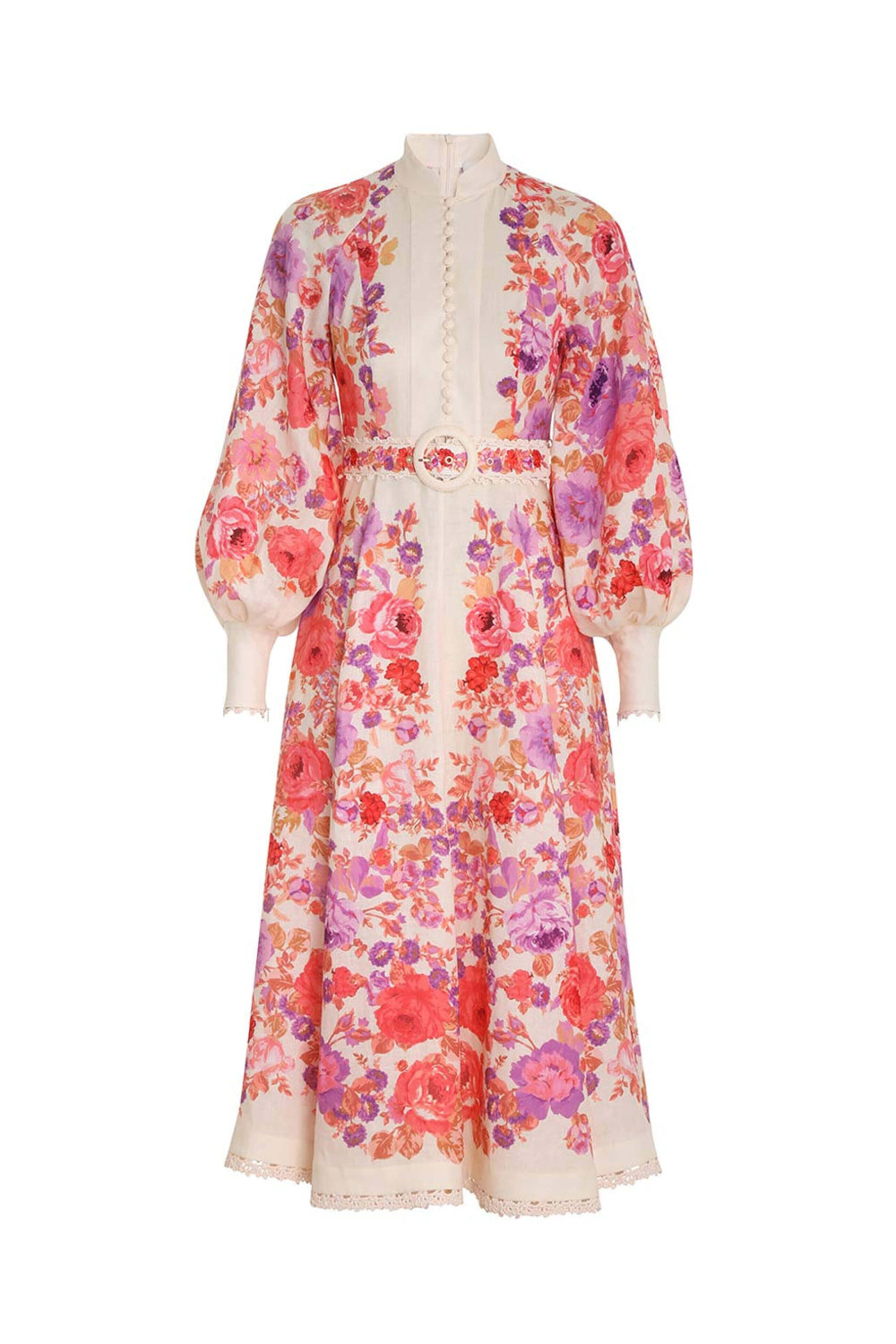 Zimmermann - Red Purple Floral Raie Billow Sleeve Midi Dress