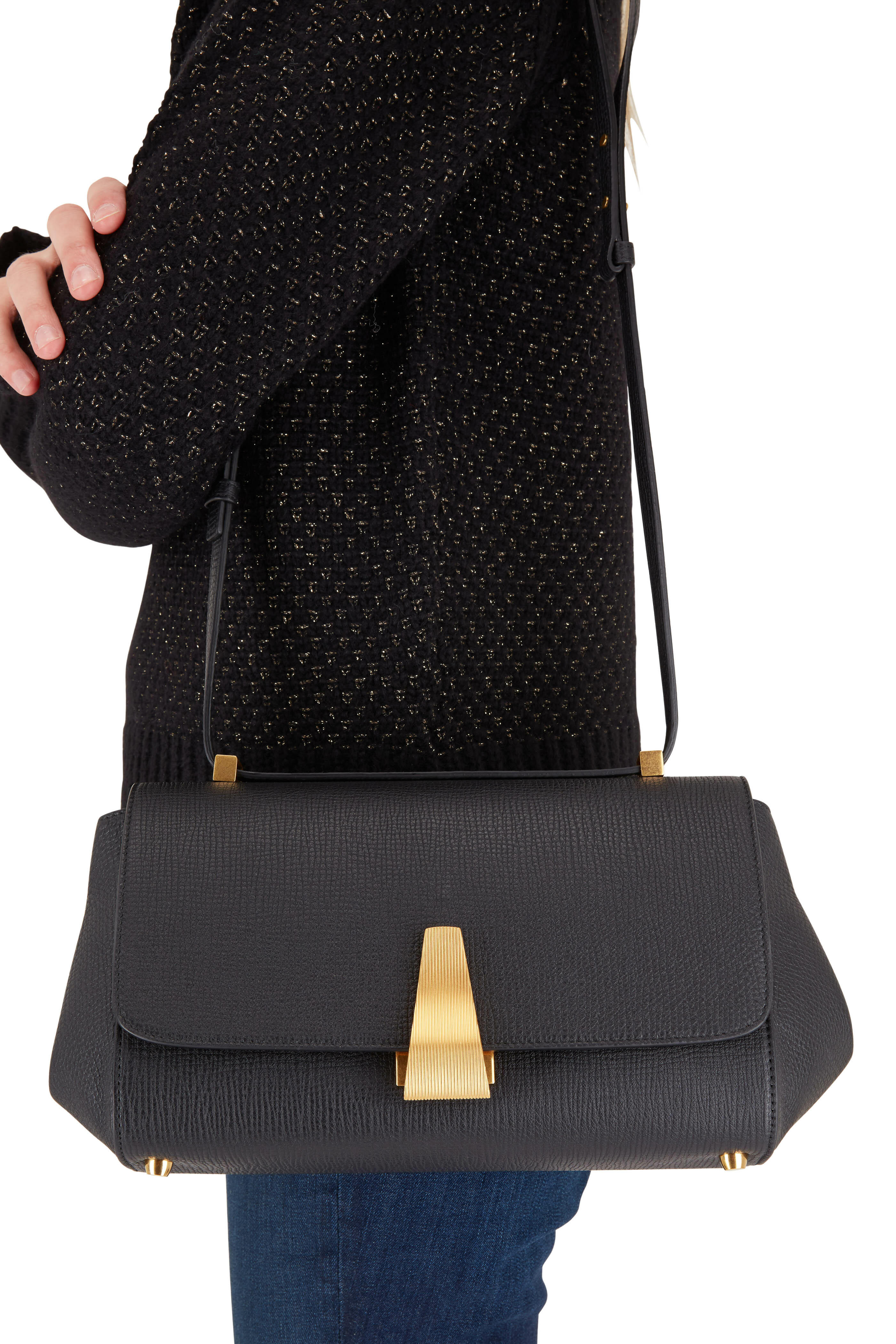 Bottega Veneta Textured Calfskin Small BV Angle Shoulder Bag Black