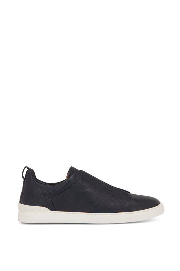 Zegna - Triple Stitch Navy Leather Low Top Sneaker