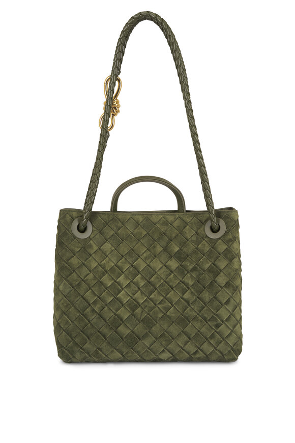 Bottega Veneta Small Andiamo Green Tweed Intrecciato Suede Bag - view 4