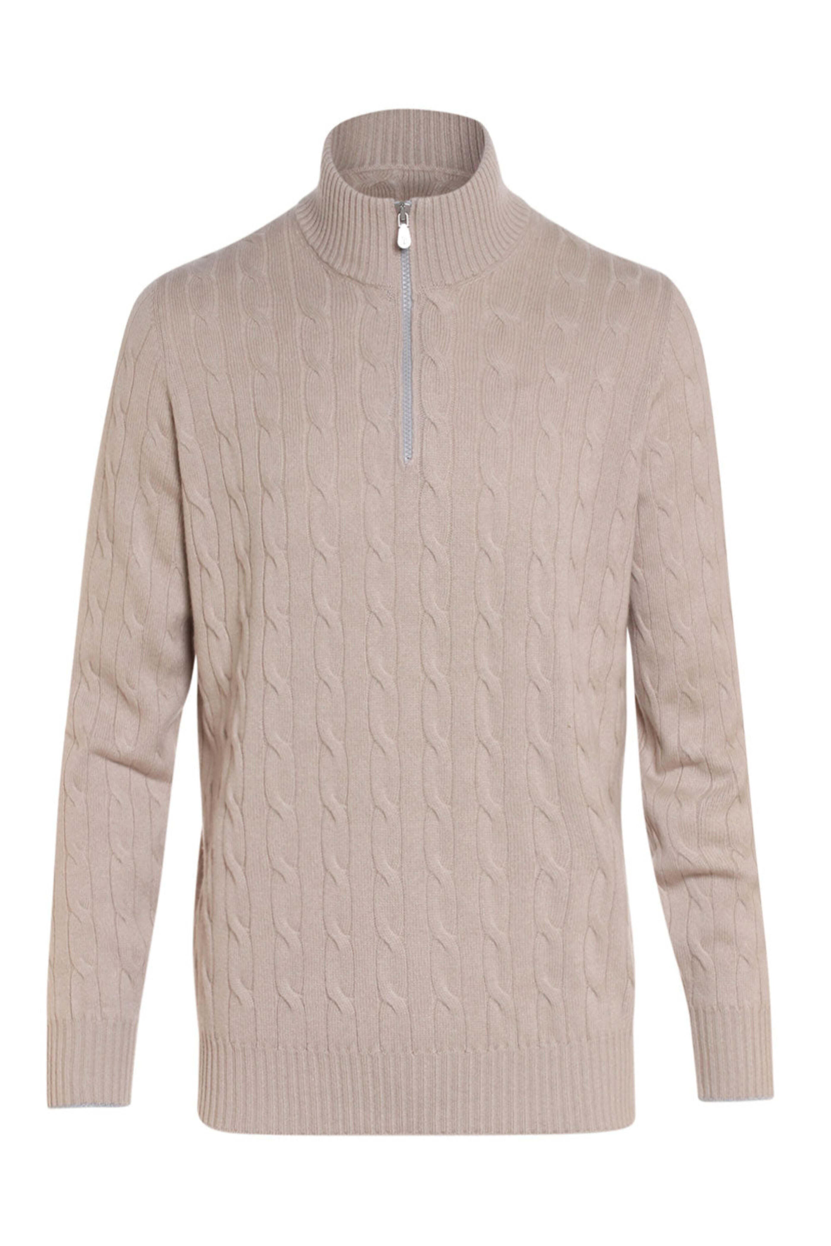 Brunello Cucinelli - Light Tan Cashmere Cable Knit Quarter Zip Sweater