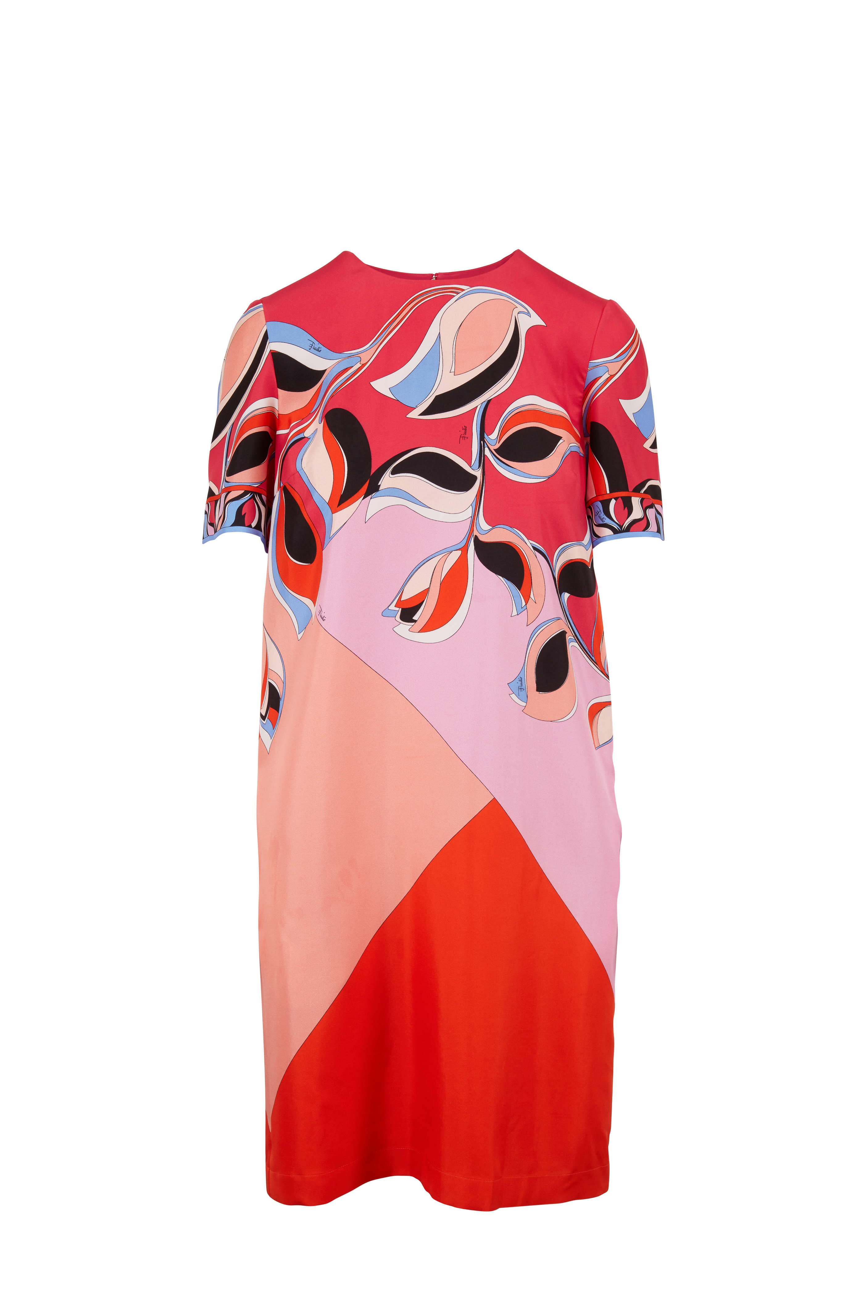 Pucci - Pink & Orange Print Silk Short Sleeve Shift Dress