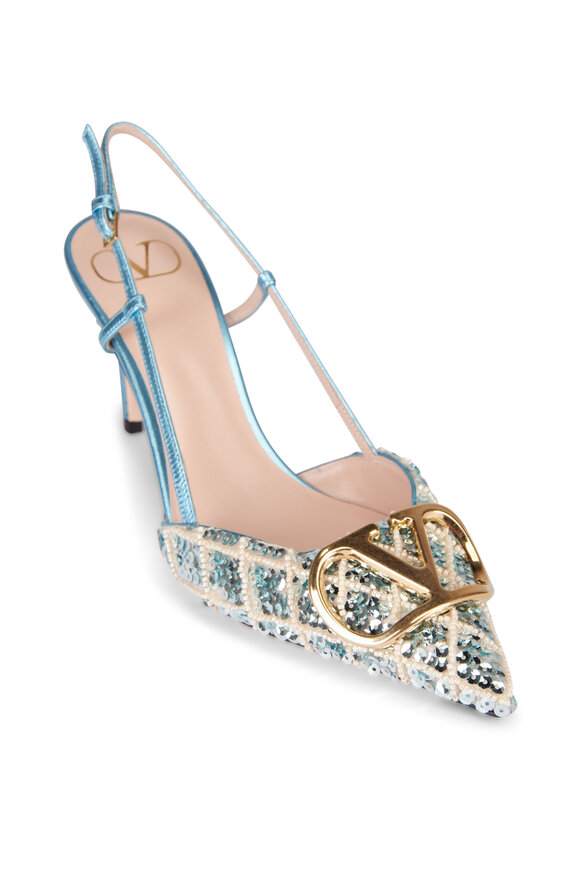 Valentino Garavani Celeste Blue Embellished VLogo Slingback, 80mm - view 1