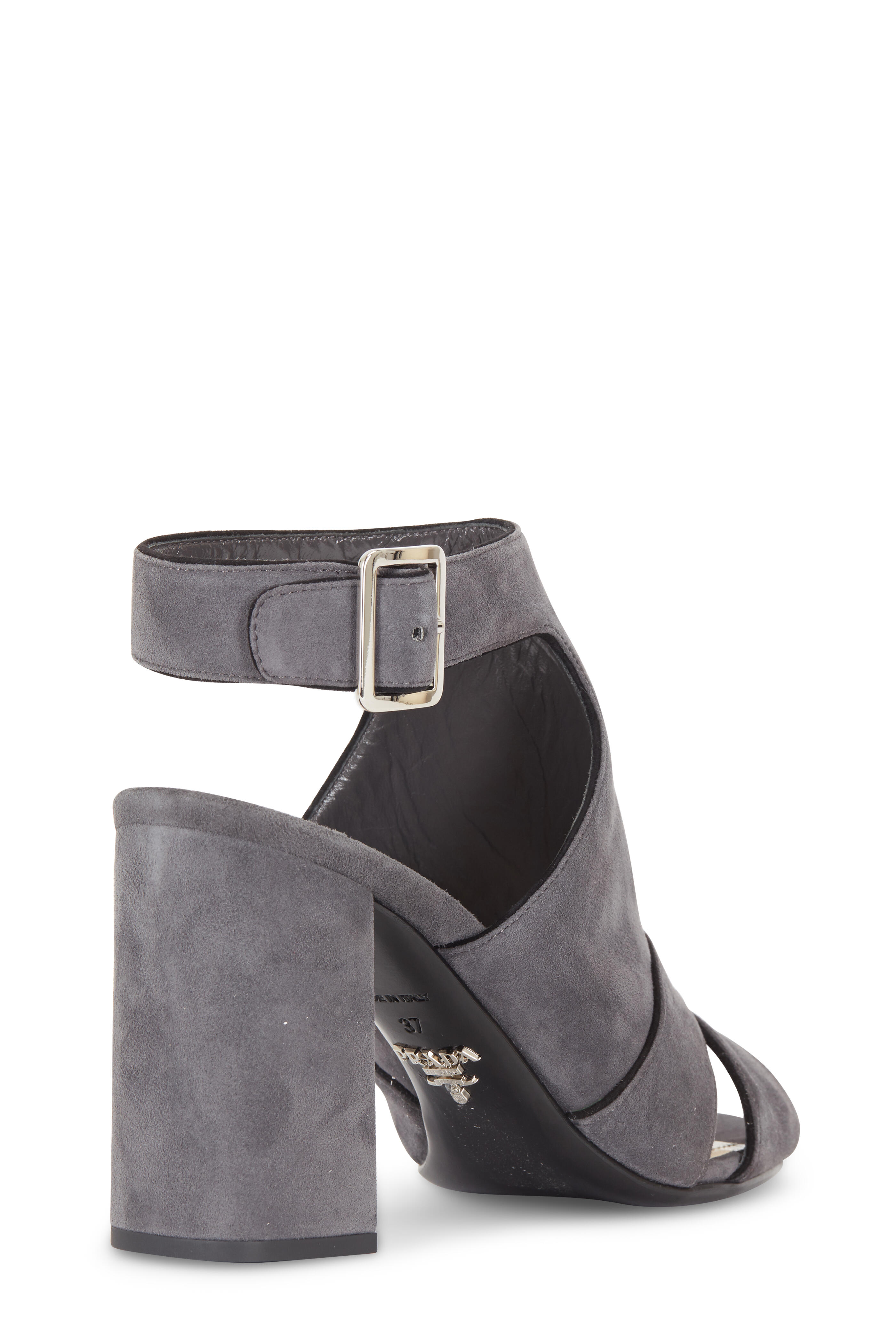 PRADA グレー オープントゥヒール Prada - Gray Suede Piped Trim Chunky Heel Sandal, 85mm