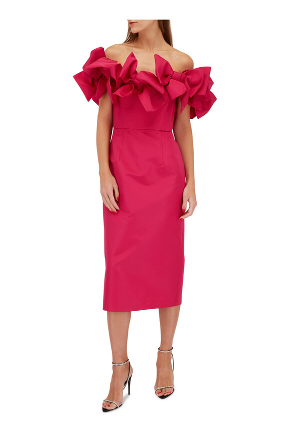 Carolina Herrera - Hot Pink Off-the-Shoulder Column Midi Dress