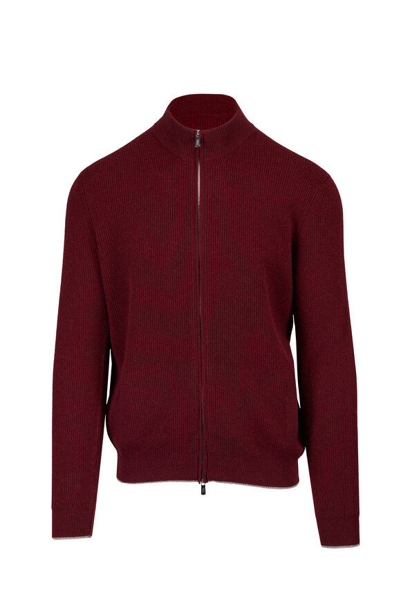 Fedeli Burgundy Cashmere Ribbed Full Zip Sweater - view 1