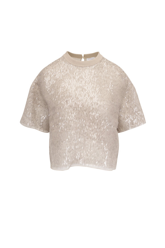 Brunello Cucinelli Crispy Chiffon Mini Paillette Embroidered T-Shirt