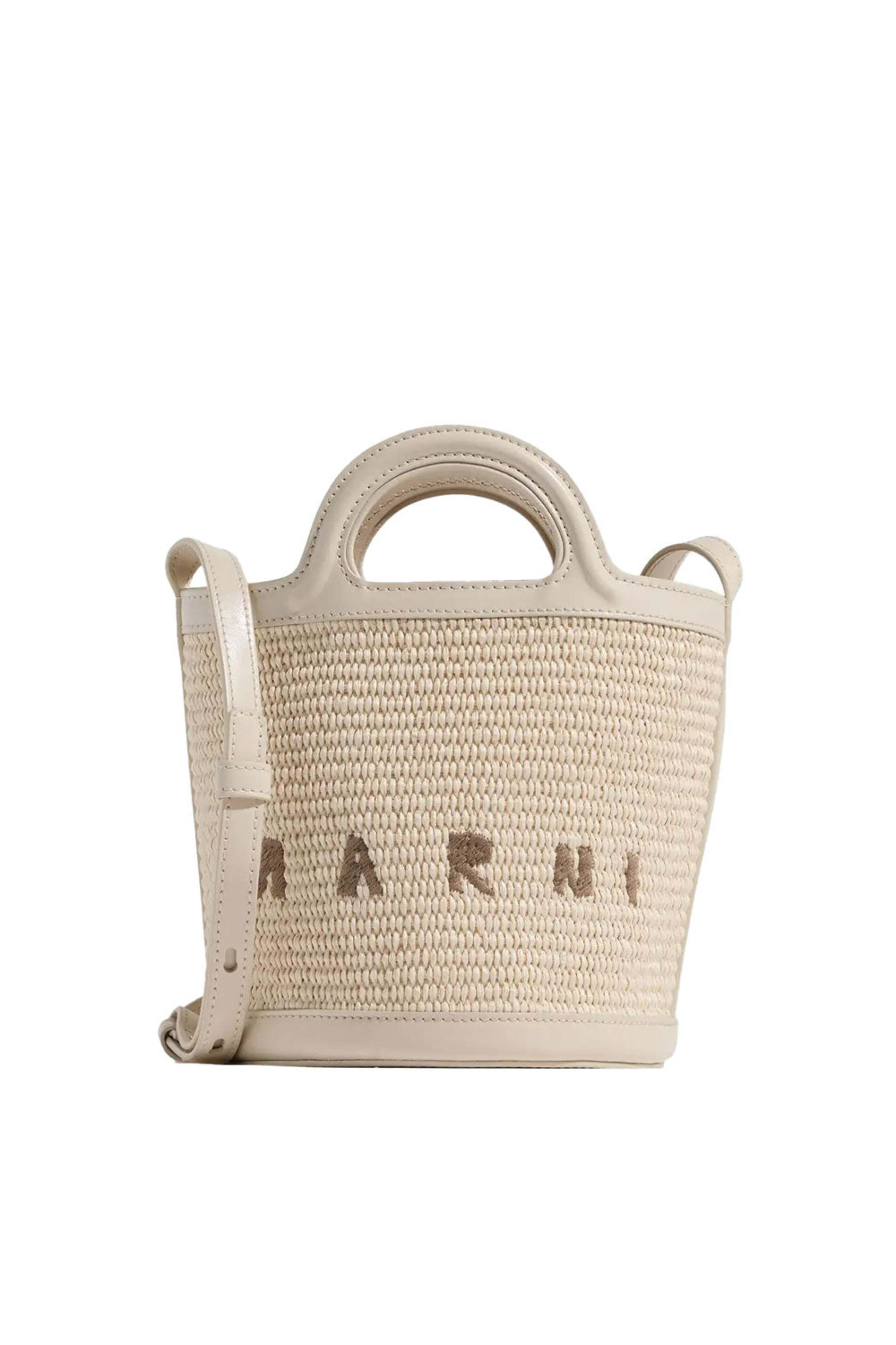 トートバッグ MARNI Ivory Leather And Raffia Tropicalia Bucket Bag Marni - Small Raffia Bucket Bag in Shell | Mitchell Stores
