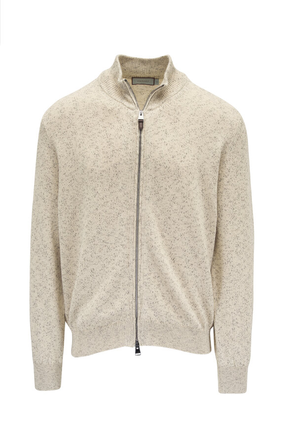 Canali Sand Cotton Mélange Front Zip Sweater