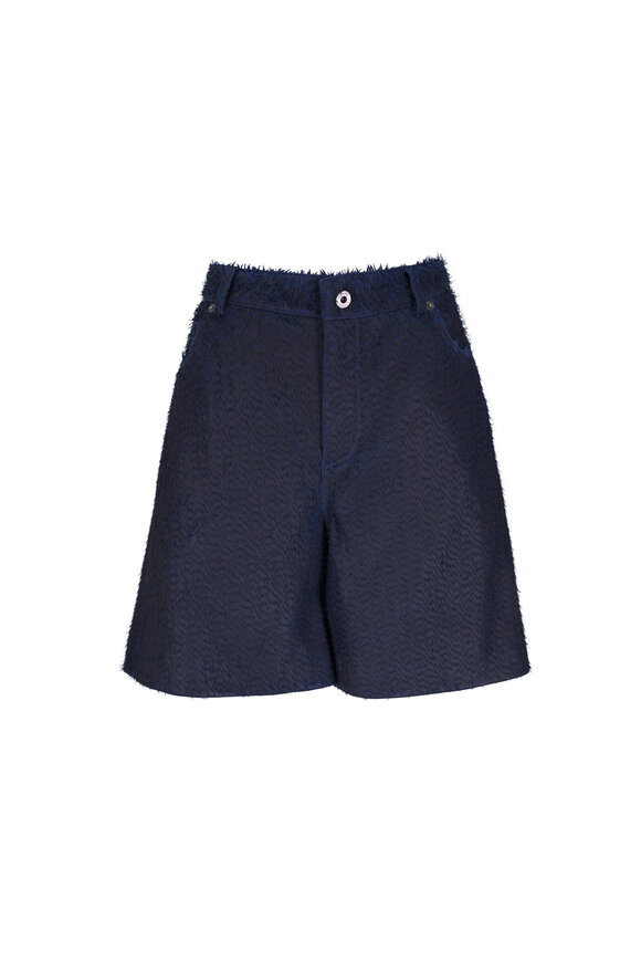 Loewe Navy Laser Cut Fringed Leather Bermuda Shorts