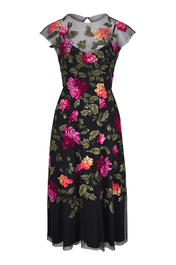 Carolina Herrera Black Multi Floral Embroidered Tulle Midi Dress