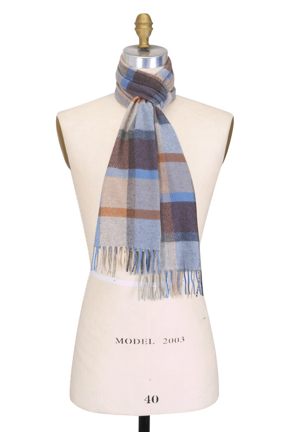 Chelsey Imports Taupe & Light Blue Plaid Cashmere Scarf