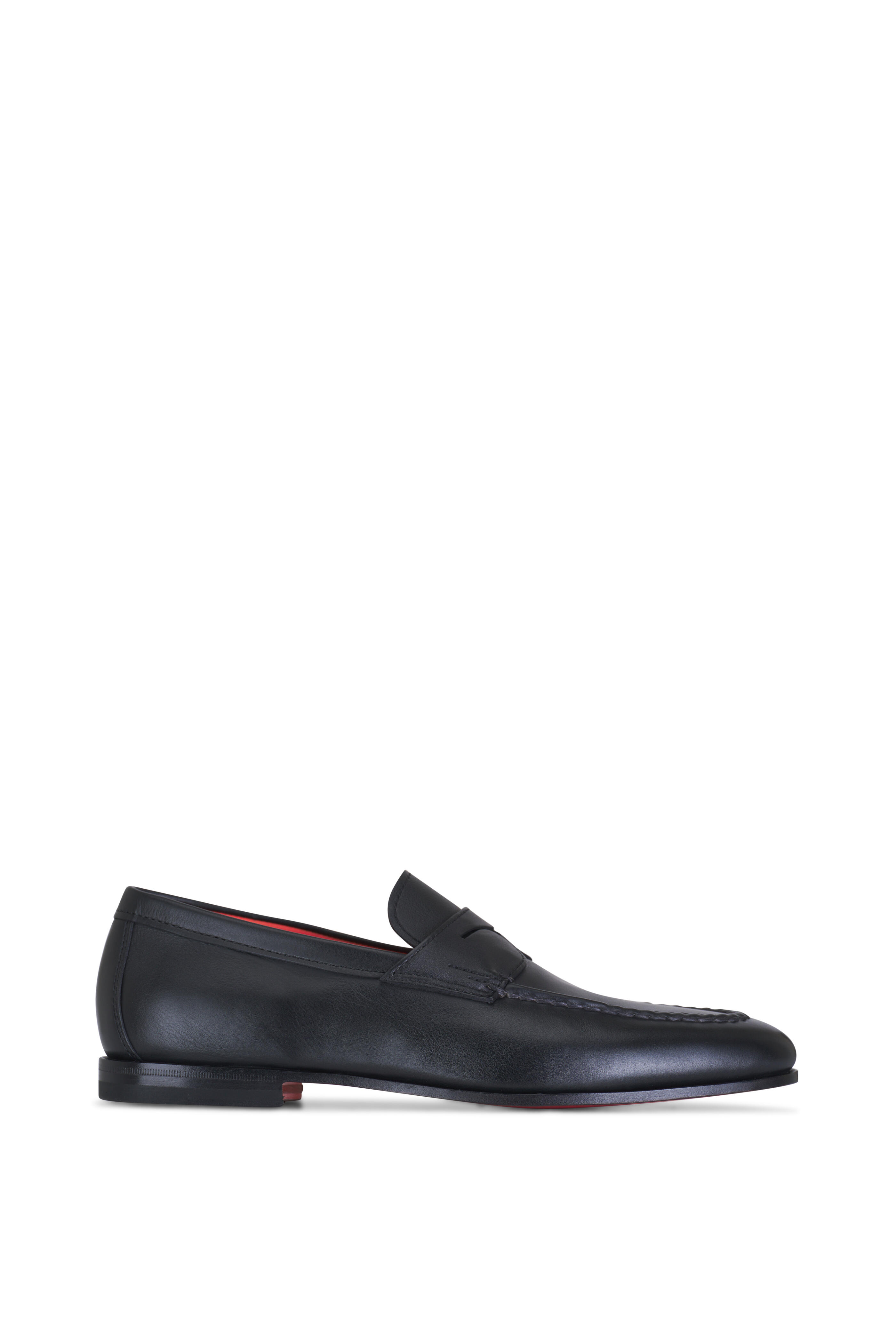 Santoni - Black Leather Penny Loafer