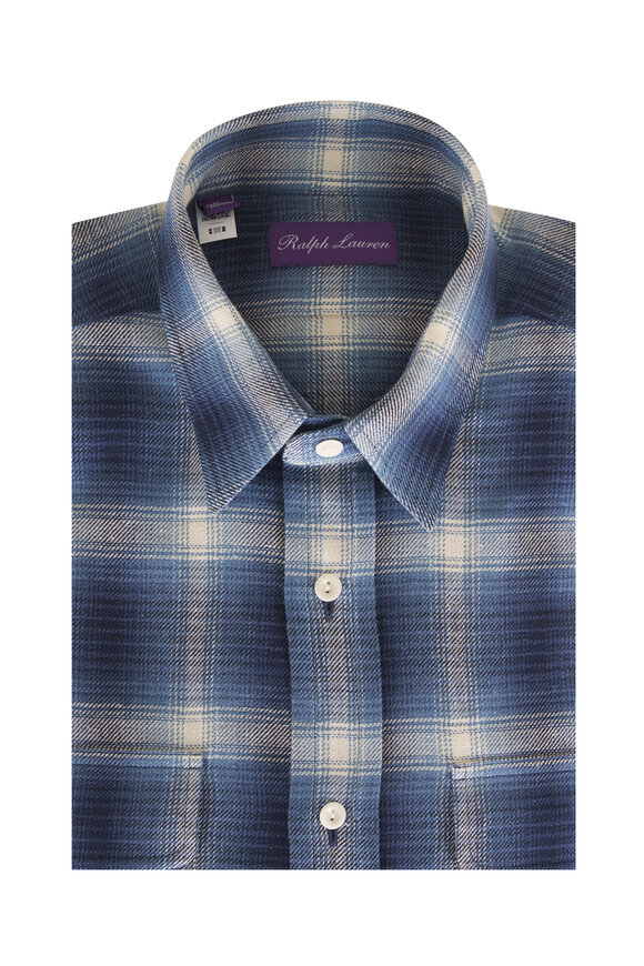 Ralph Lauren Purple Label Cooper Blue Plaid Hemp & Cotton Sport Shirt - view 1