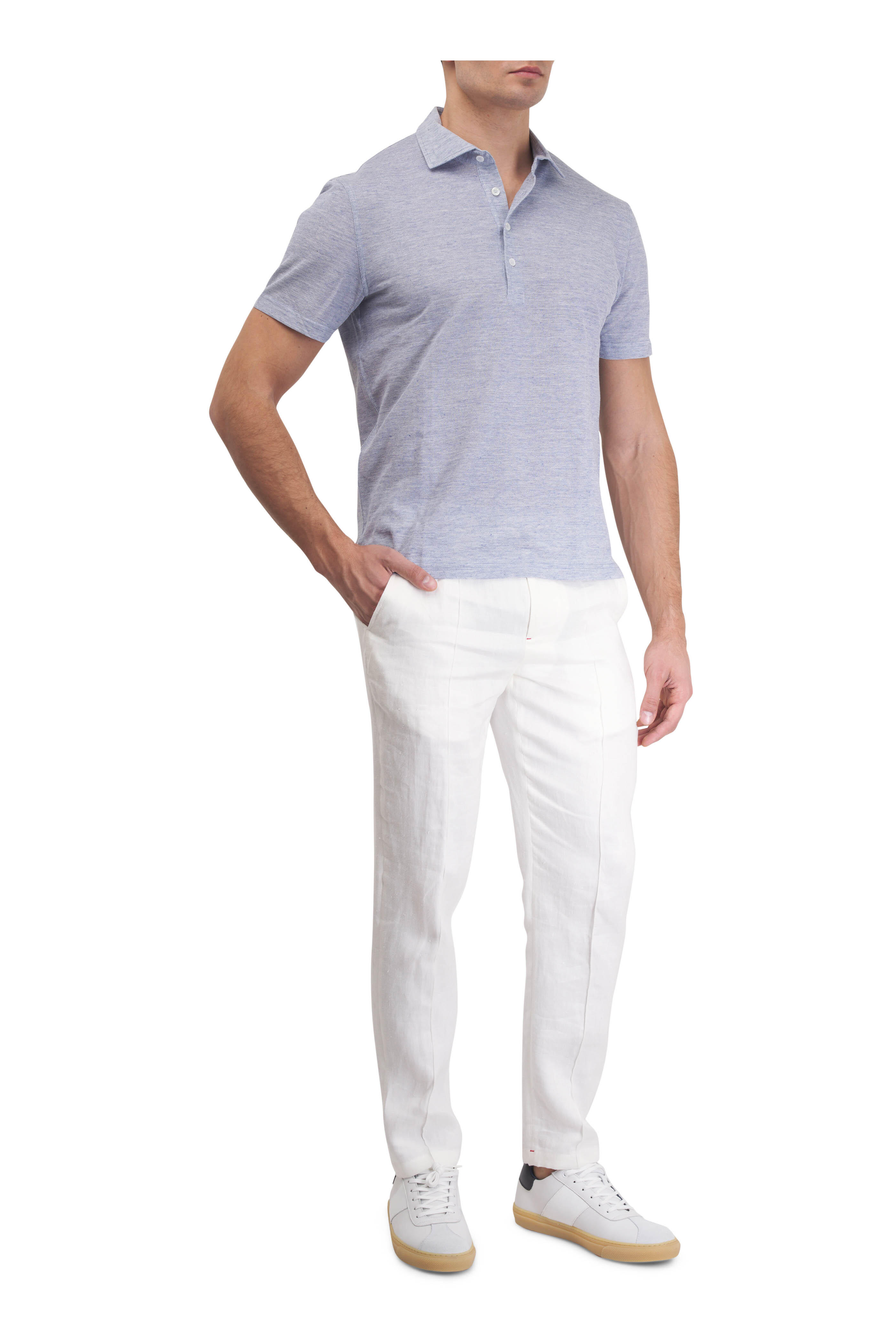 Fedeli - Blue Mélange Linen & Cotton Pique Polo
