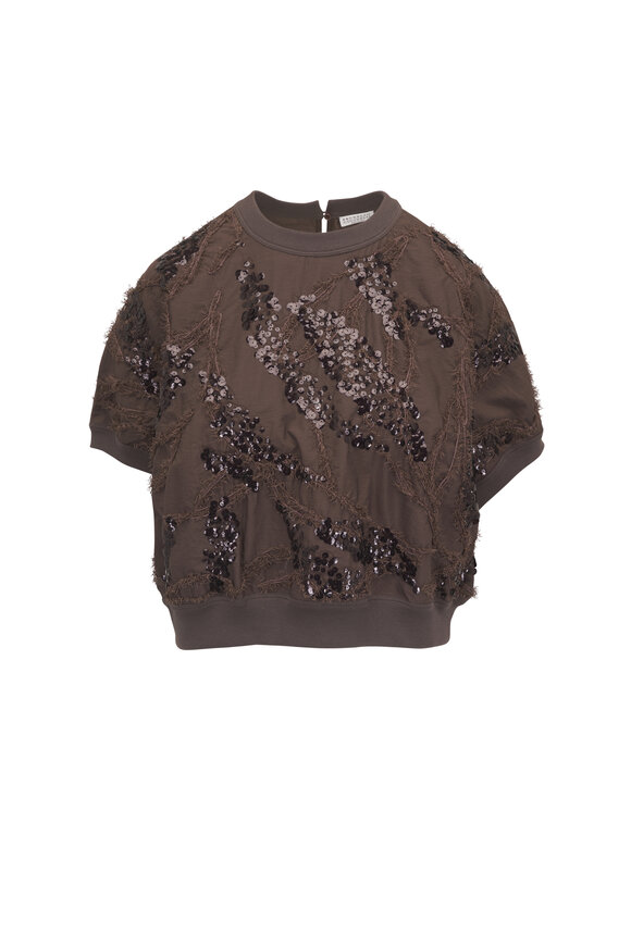 Brunello Cucinelli Sequin Embroidered Brown Knit Sweater