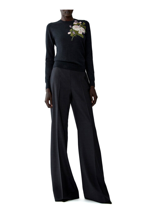 Carolina Herrera Black Rose Merino Wool Embroidered Sweater - view 2