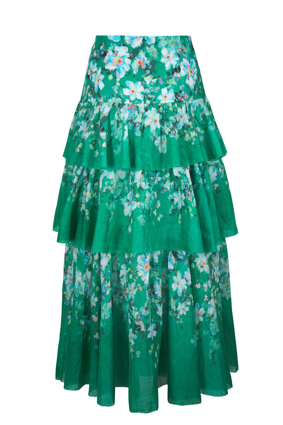 Zimmermann - Everley Tiered Green Watercolor Floral Midi Skirt