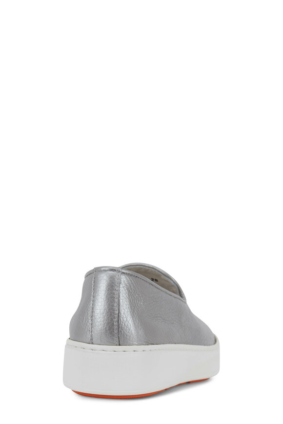 Santoni - Silver Grained Leather Slip-On Sneaker 