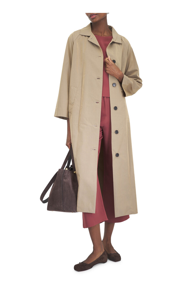 Designer outfit featuring Cassia Brown Suede Ballerina Flat, D'or Gold Trench Coat and 1 other piece