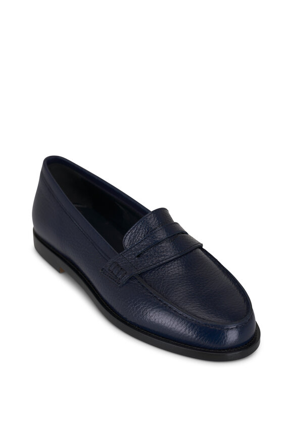 Manolo Blahnik Perrita Dark Blue Tumbled Leather Loafer 