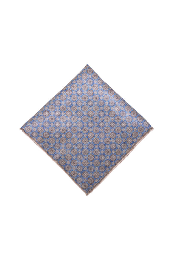 Brunello Cucinelli - Polvere Light Brown & Blue Silk Pocket Square