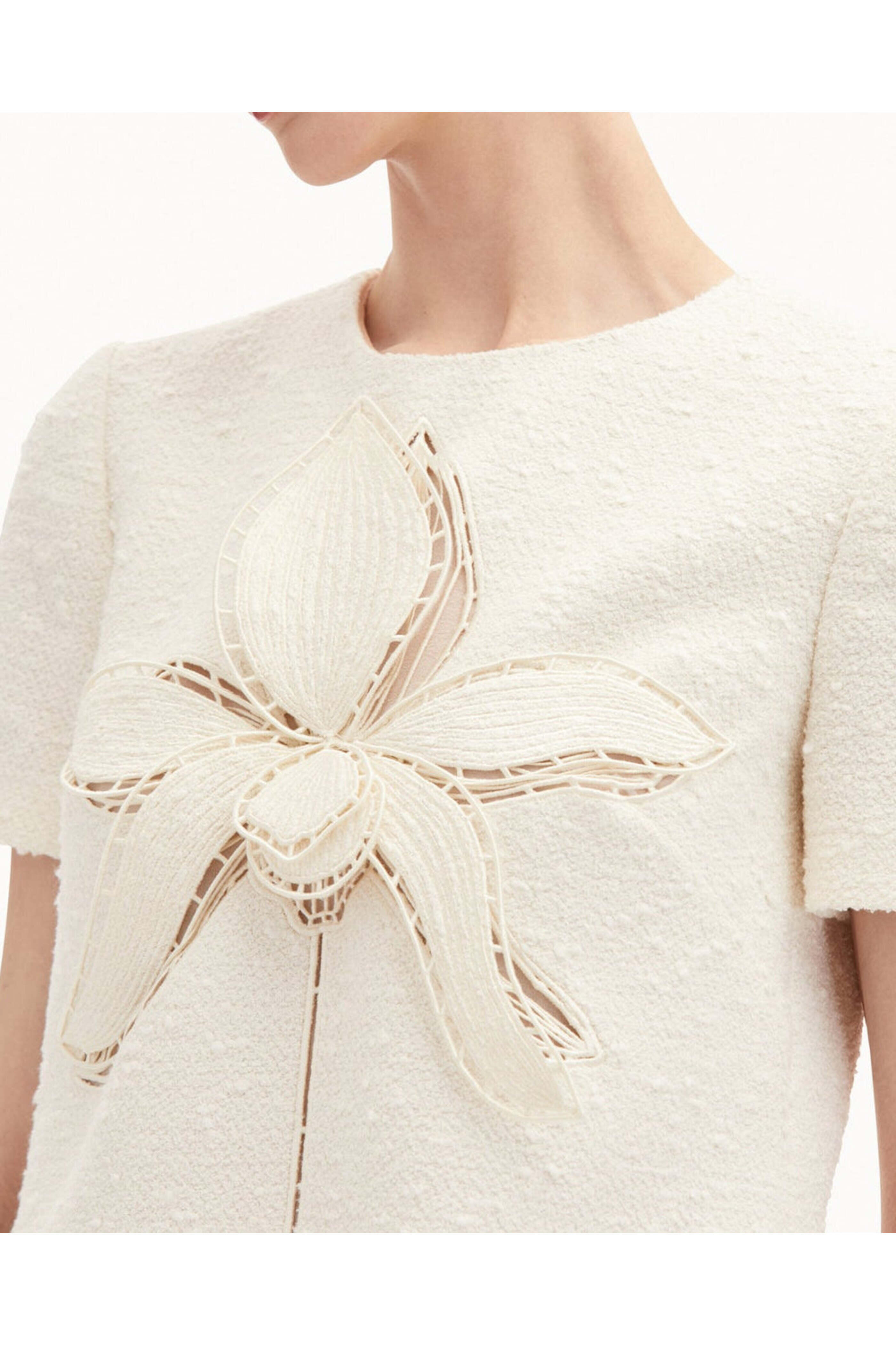 Oscar de la Renta - Ivory Floral Embellished Tweed Shift Dress