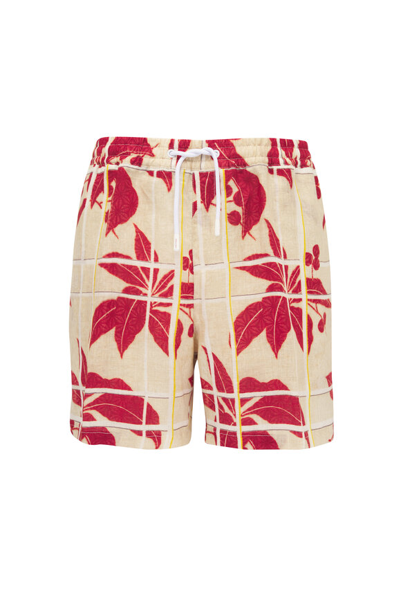 Loro Piana Red Hibiscus Print Linen Shorts