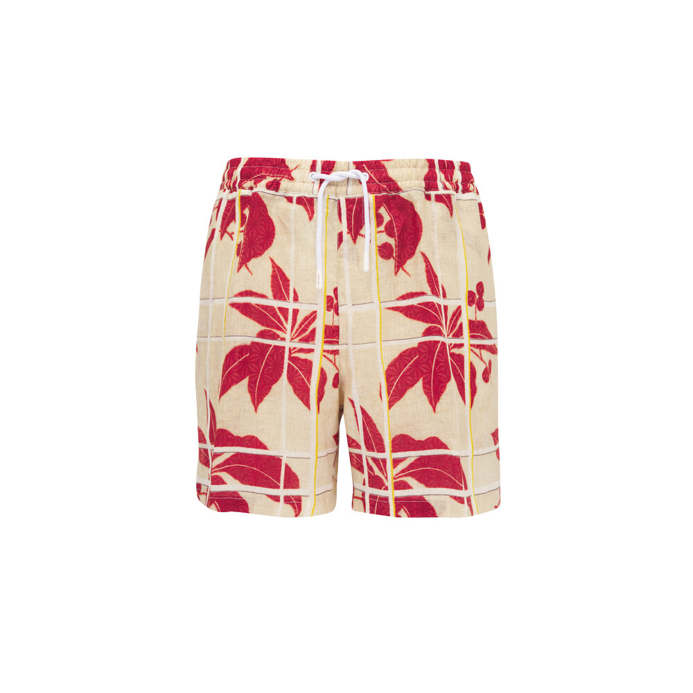 Loro Piana - Red Hibiscus Print Linen Shorts | Mitchell Stores